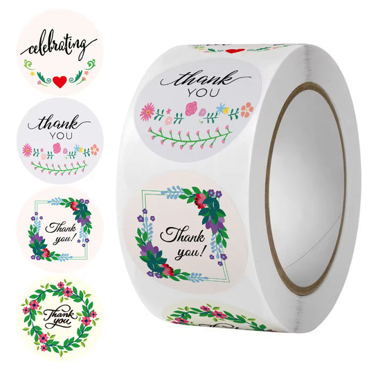 Custom Multi-Color Floral Series Round Kawaii Kids Thank You Stickers,Cake Label & Envelope Sealing Roll Labels